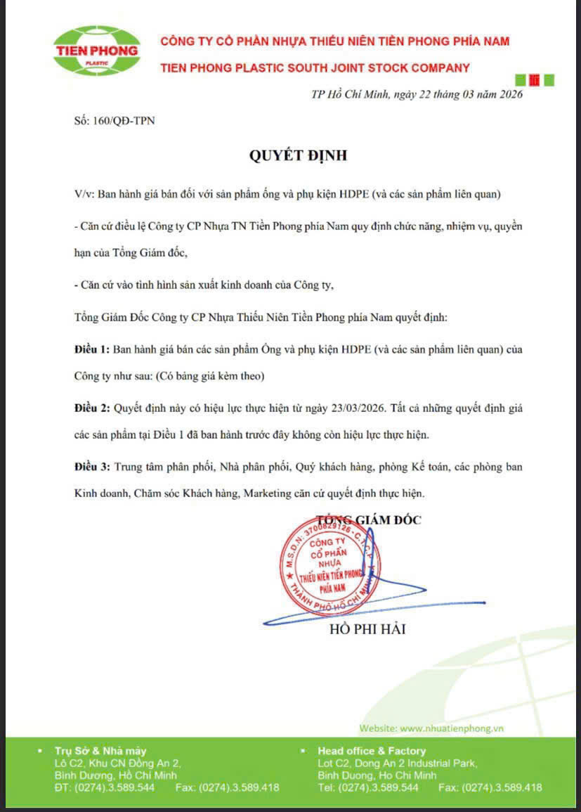 Thông báo tăng giá ống nhựa và phụ kiện HDPE Tiền Phong Miền Bắc